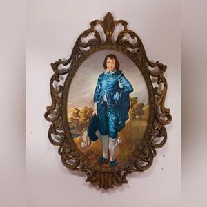Vintage Ornate Brass Italy Frame Boy In Blue Convex Glass Bubble Frame